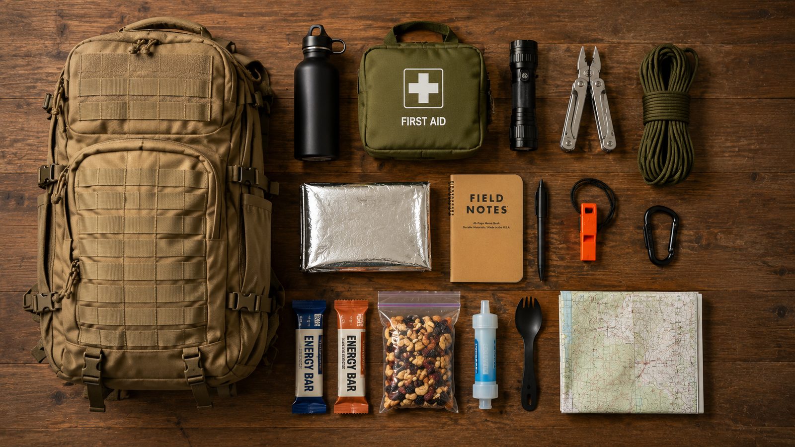 A complete bug-out bag with contents laid out flat by priority