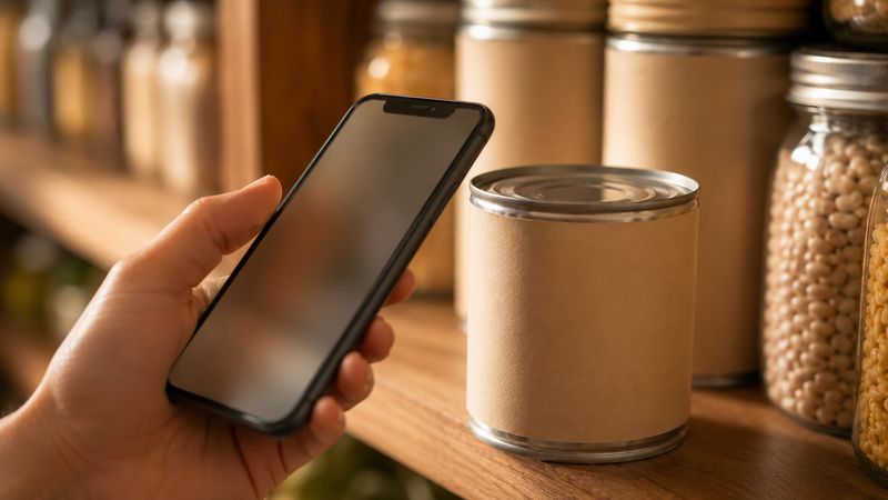 A phone scanning the barcode on a canned good in a pantry