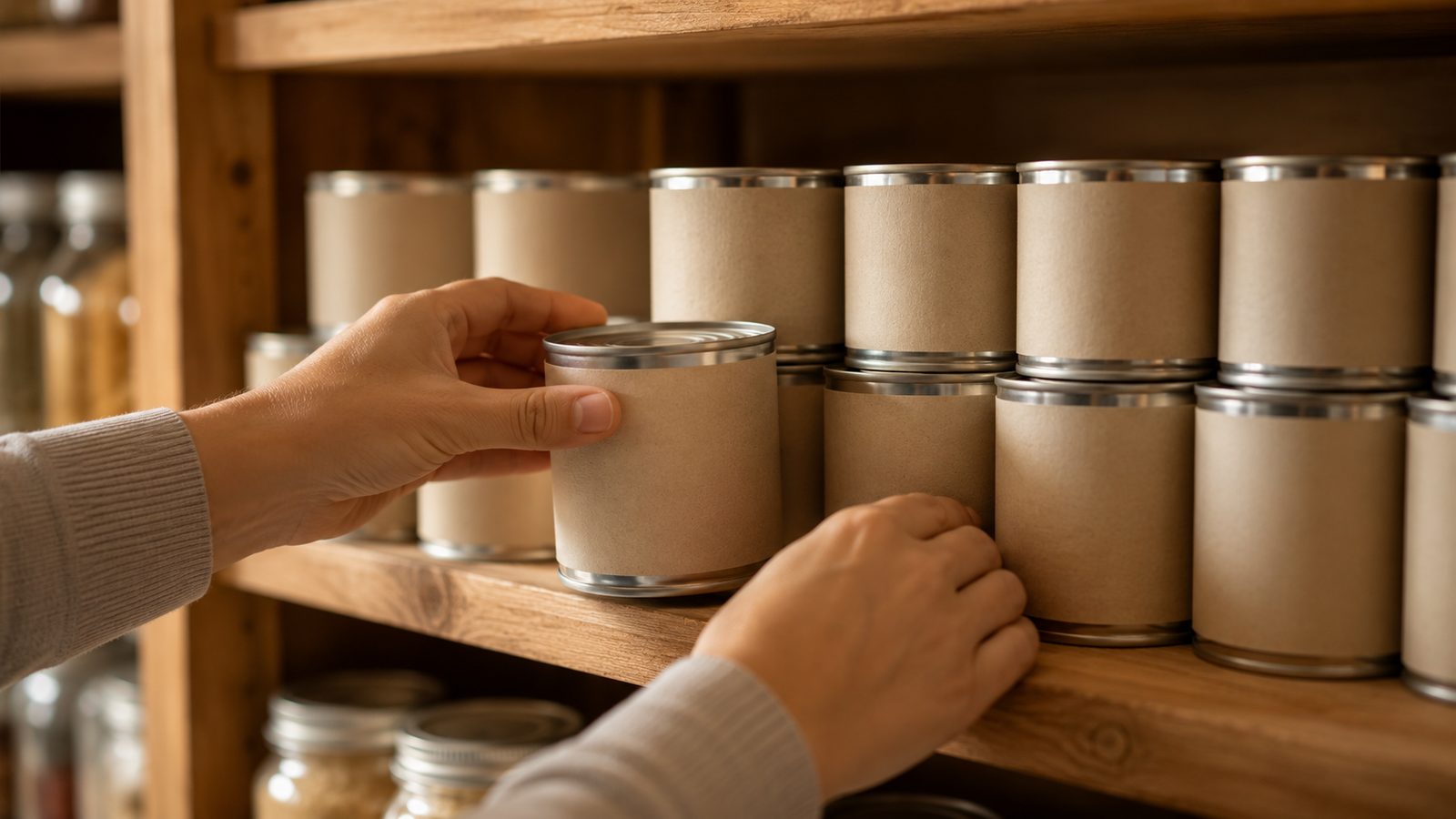 Hands rotating canned goods on a wooden pantry shelf, oldest to the front