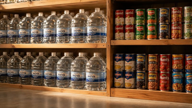 Stored water jugs beside canned food on a pantry shelf