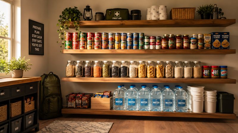 A well-stocked, organized emergency pantry